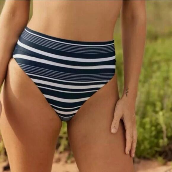 Aerie High Cut Cheeky Bikini Bottom Navy White Stripe Retro Swim Size M NWT - Picture 1 of 6